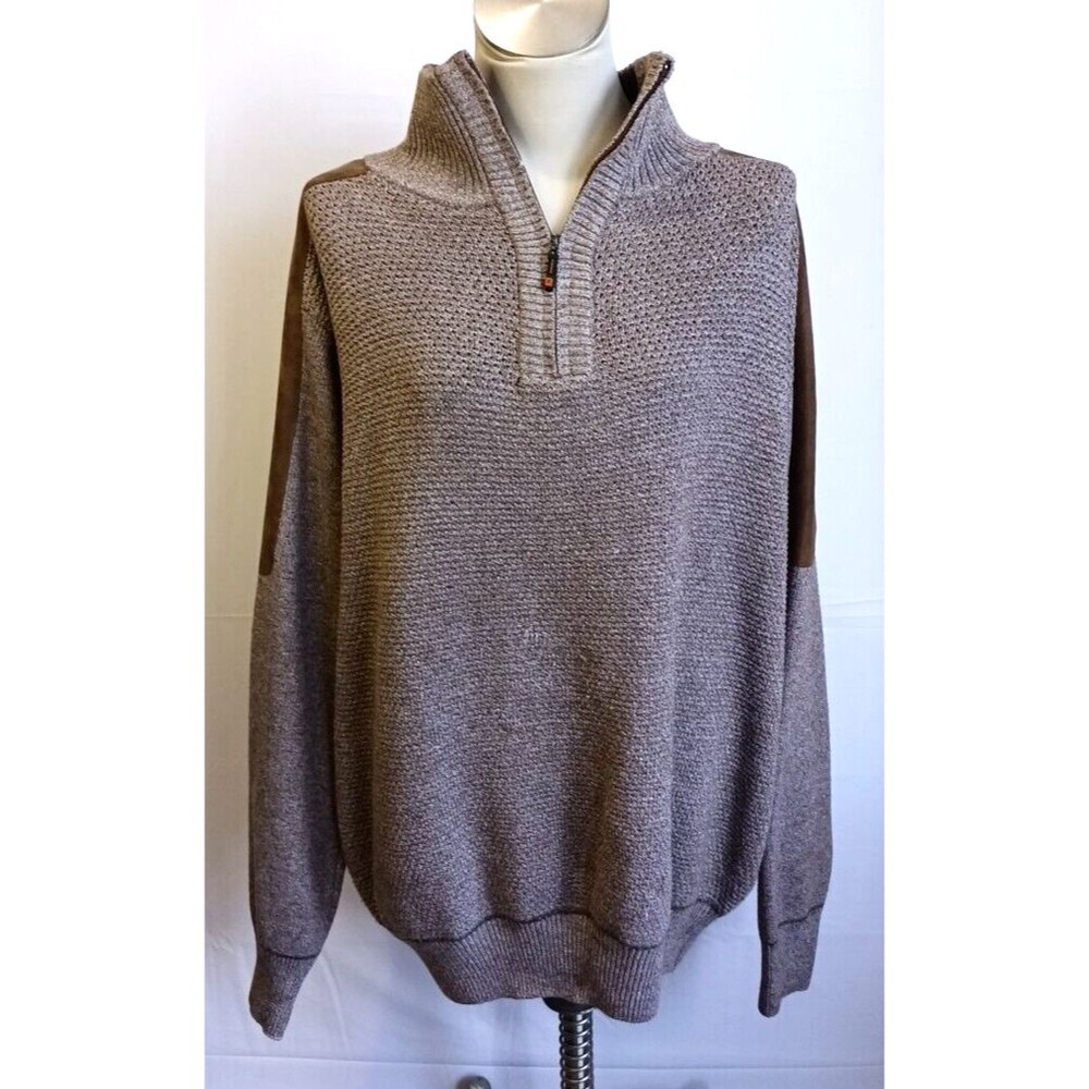 Pronti Men's Pullover Knit Sweater Brown Suede Patches 1/4 Zip Size 3XL